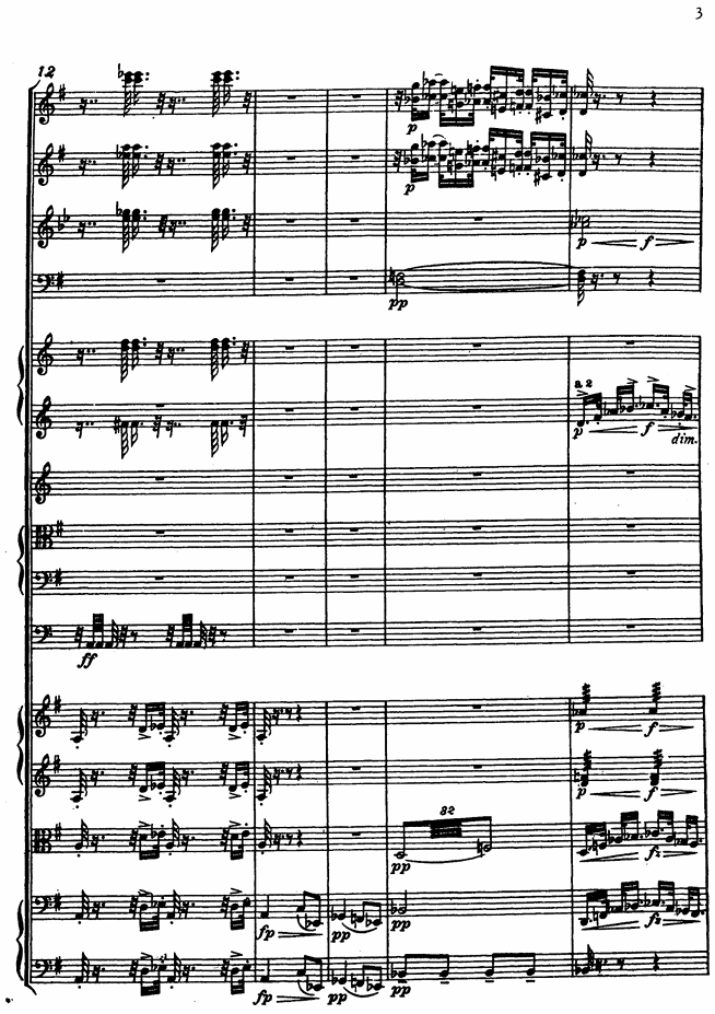 Schwarze Noten auf weißem Blatt: Orchesterpartitur mit mehreren Notensystemen, Akkorden und Dynamikangaben